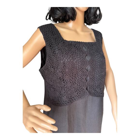 Vintage Cali Cali black Linen Crochet Sleeveless Maxi Dress button size 14 P - Picture 6 of 13